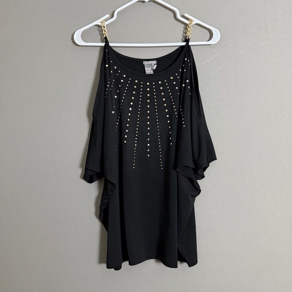 Whimsigoth C. Oliver L Black Cold Shoulder Top Gold Chain‎ Studded Ethereal